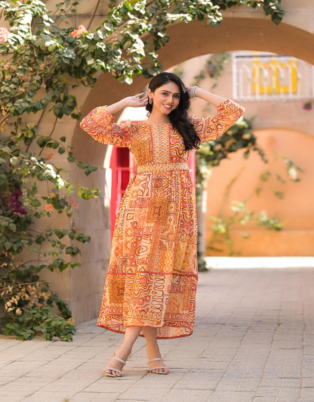 Juniper Women's Orange Abstract Printed Chiffon Long Dress With Belt - Distacart