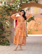 Juniper Women's Orange Abstract Printed Chiffon Long Dress With Belt - Distacart