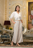 Juniper White Floral Embroidered Crop Shirt With Pastel Printed Palazzo Set