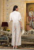 Juniper White Floral Embroidered Crop Shirt With Pastel Printed Palazzo Set