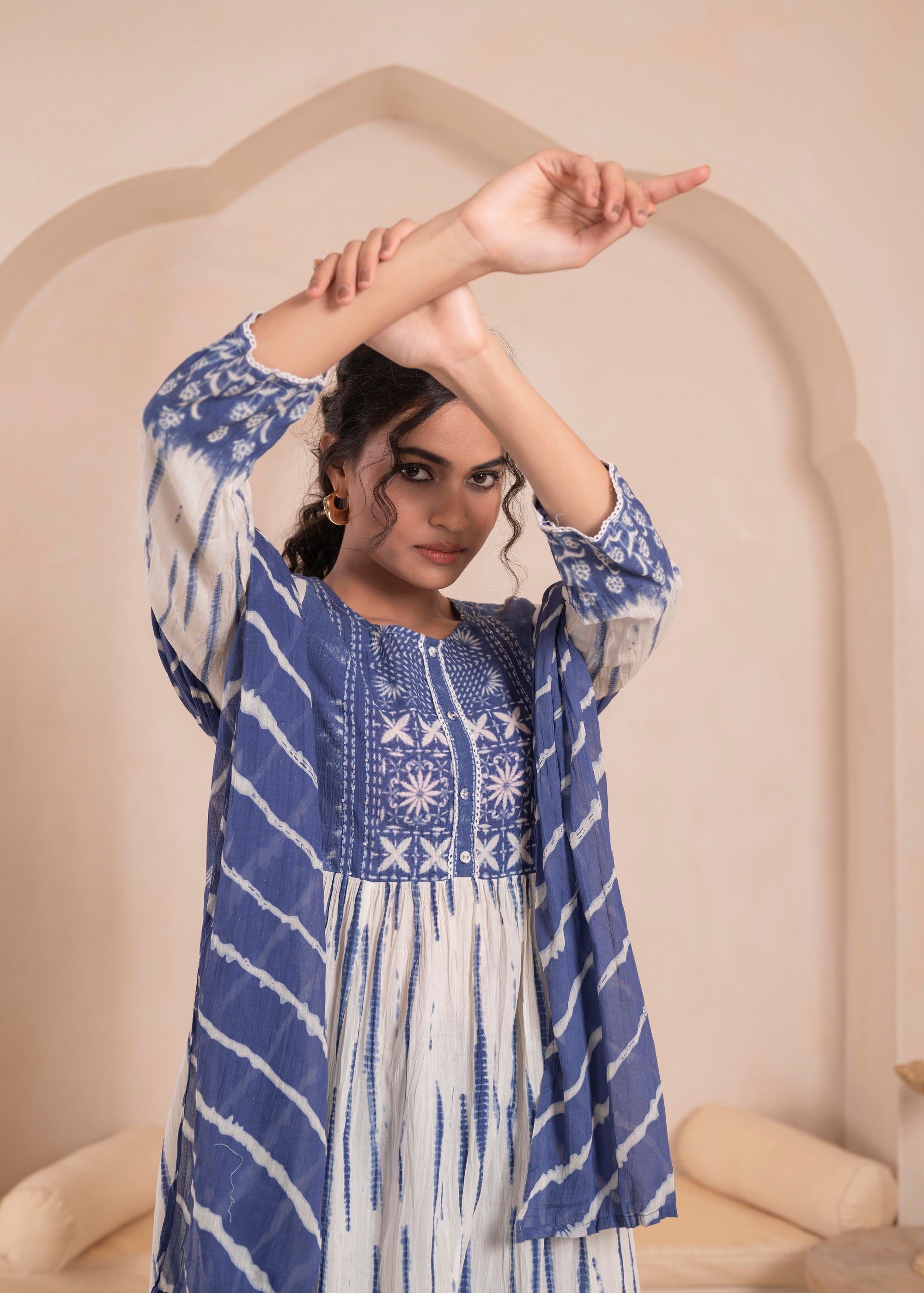 Juniper Navy blue and white kurta , solid bottom and tie -dye dupatta with cotton lace , buttons , sequince - Distacart