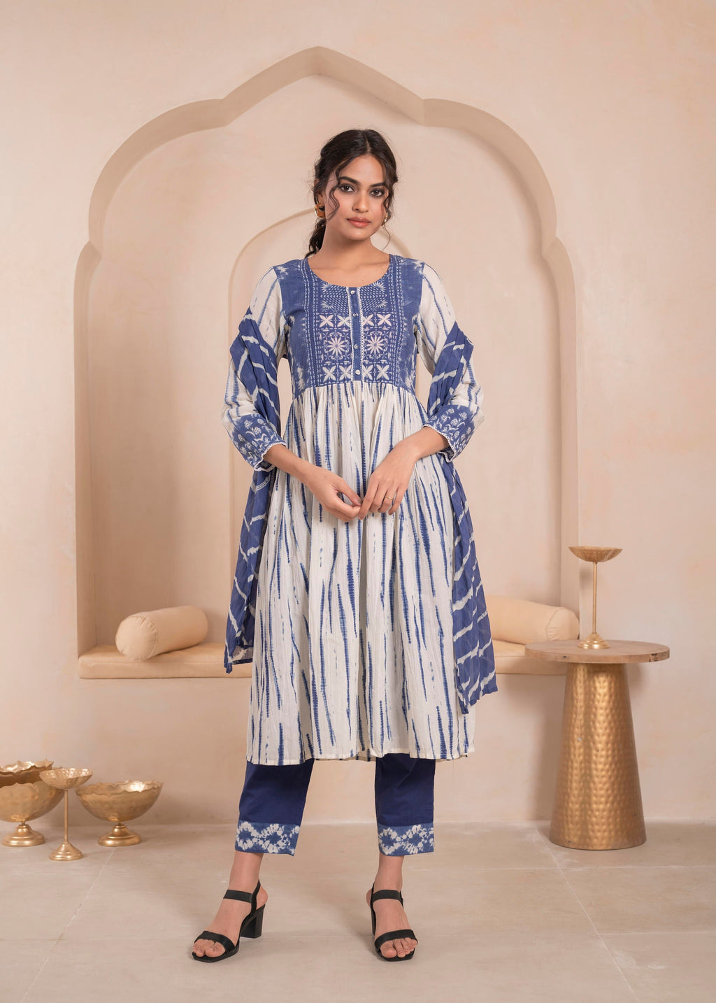 Juniper Navy blue and white kurta , solid bottom and tie -dye dupatta with cotton lace , buttons , sequince - Distacart