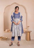 Juniper Navy blue and white kurta , solid bottom and tie -dye dupatta with cotton lace , buttons , sequince - Distacart