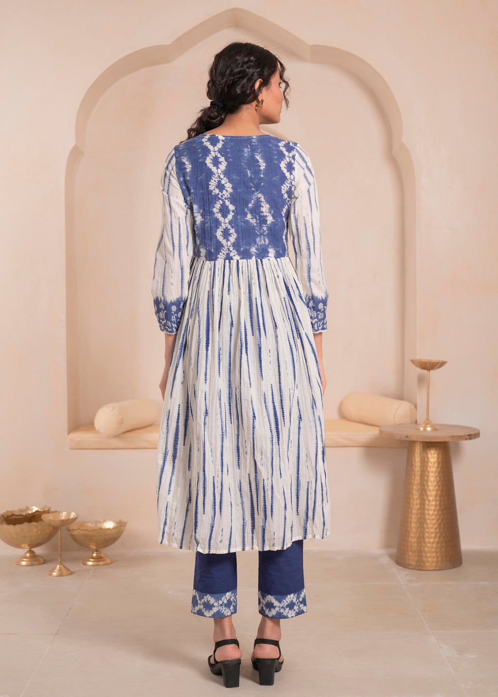Juniper Navy blue and white kurta , solid bottom and tie -dye dupatta with cotton lace , buttons , sequince - Distacart
