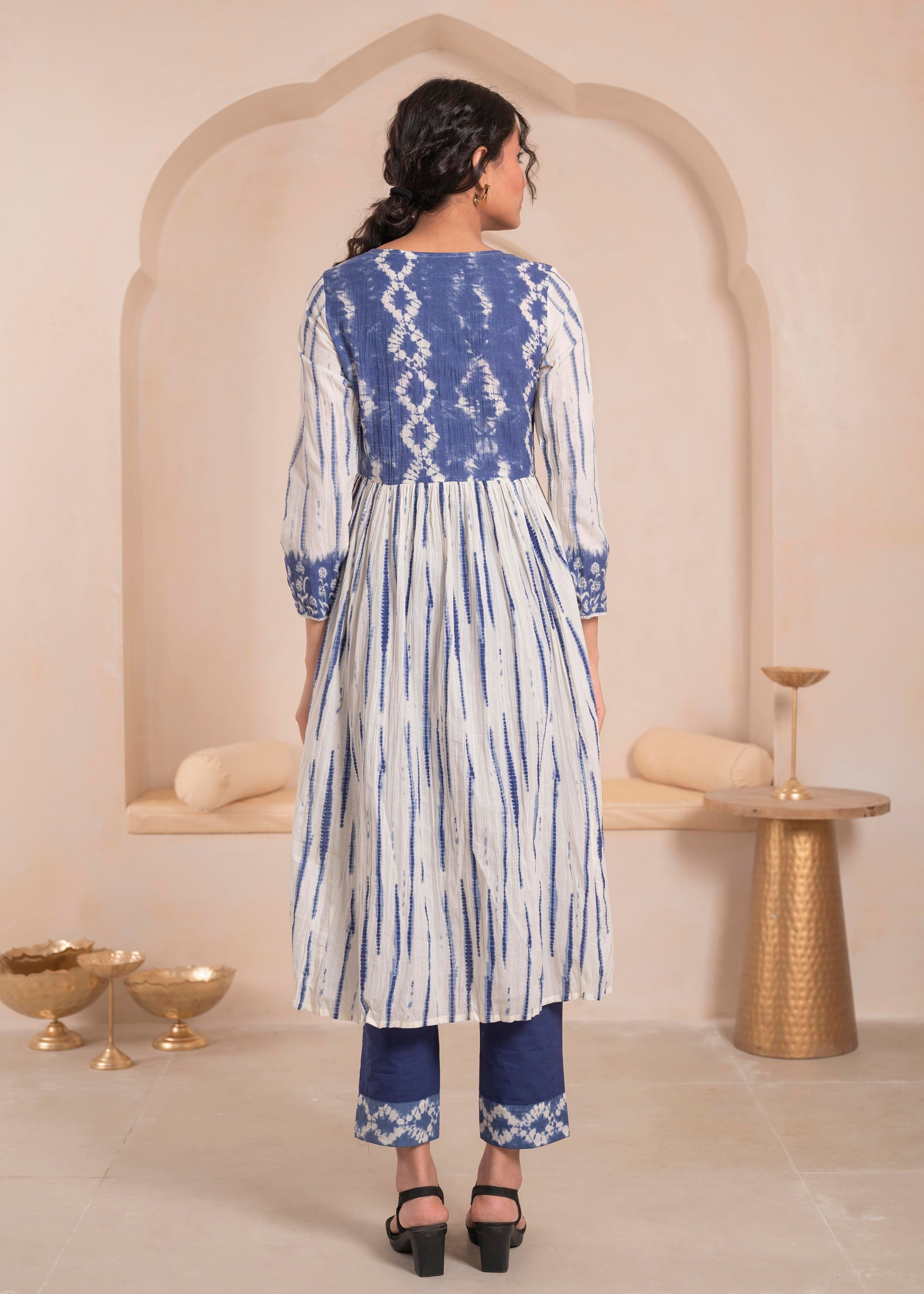 Juniper Navy blue and white kurta , solid bottom and tie -dye dupatta with cotton lace , buttons , sequince - Distacart