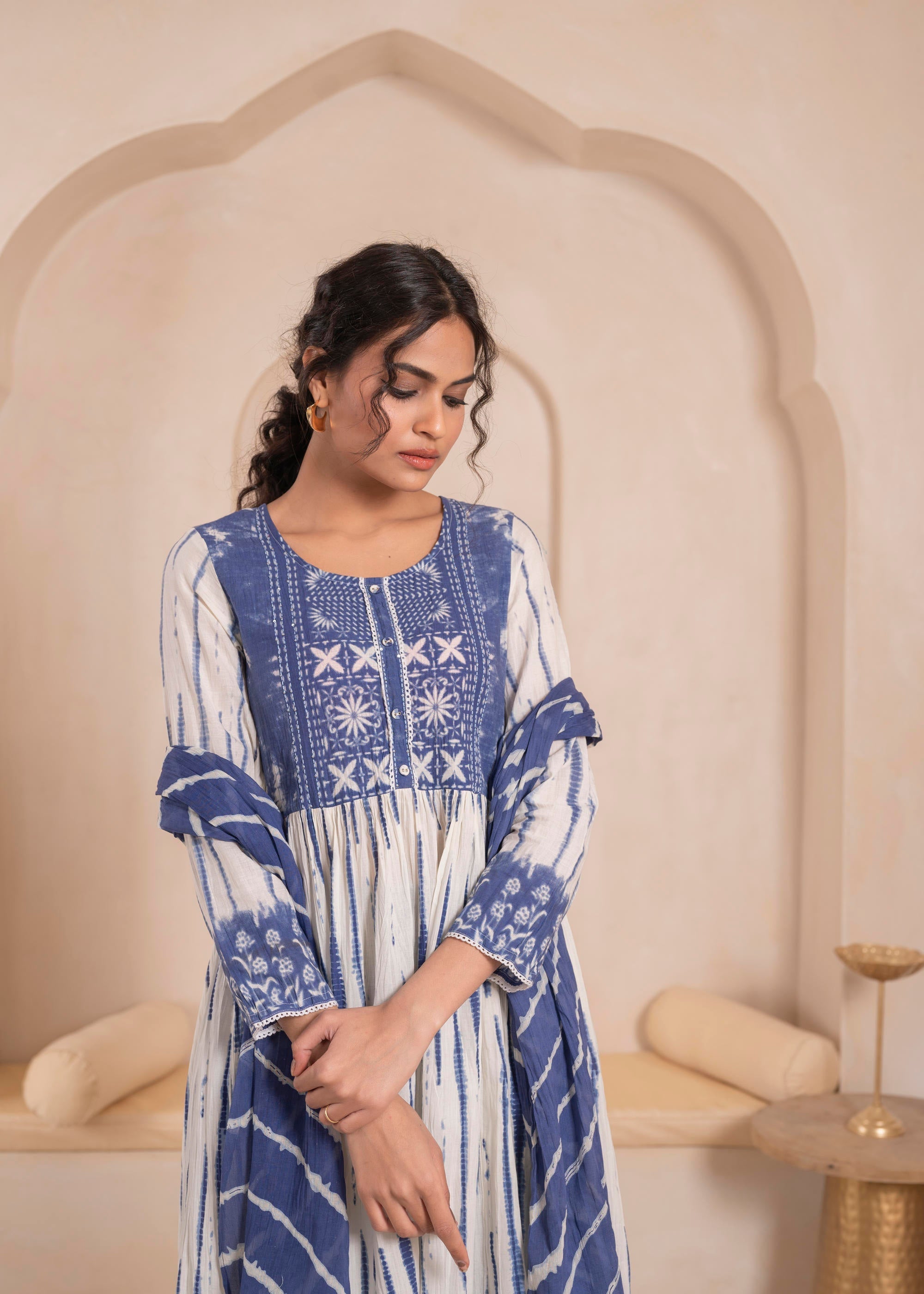 Juniper Navy blue and white kurta , solid bottom and tie -dye dupatta with cotton lace , buttons , sequince - Distacart