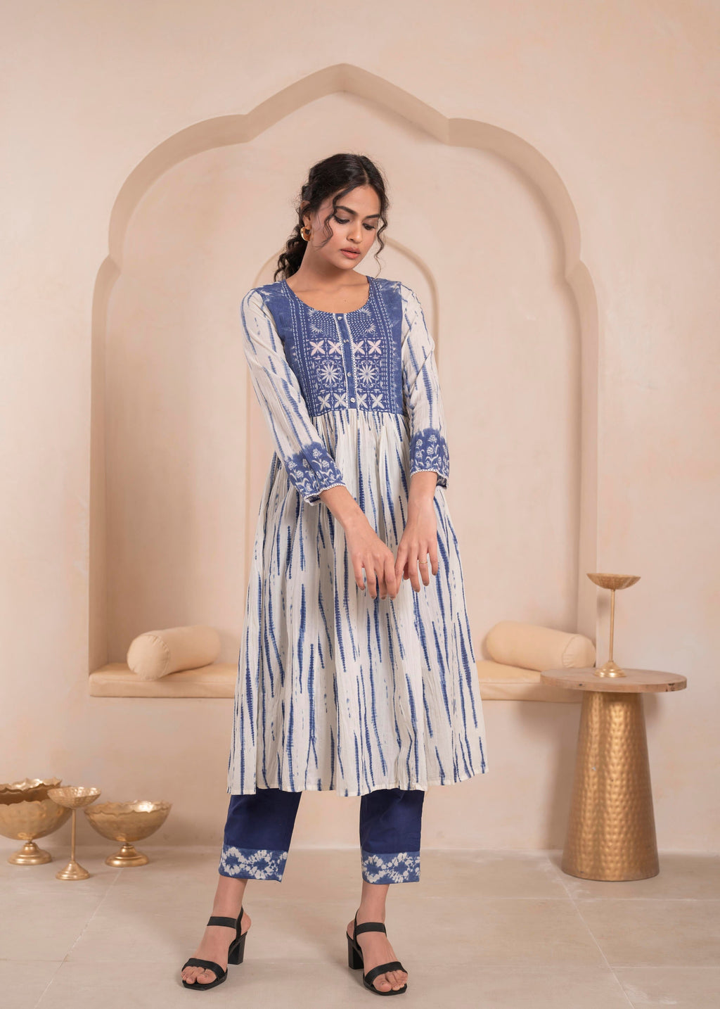Juniper Navy blue and white kurta , solid bottom and tie -dye dupatta with cotton lace , buttons , sequince - Distacart