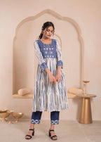 Juniper Navy blue and white kurta , solid bottom and tie -dye dupatta with cotton lace , buttons , sequince - Distacart