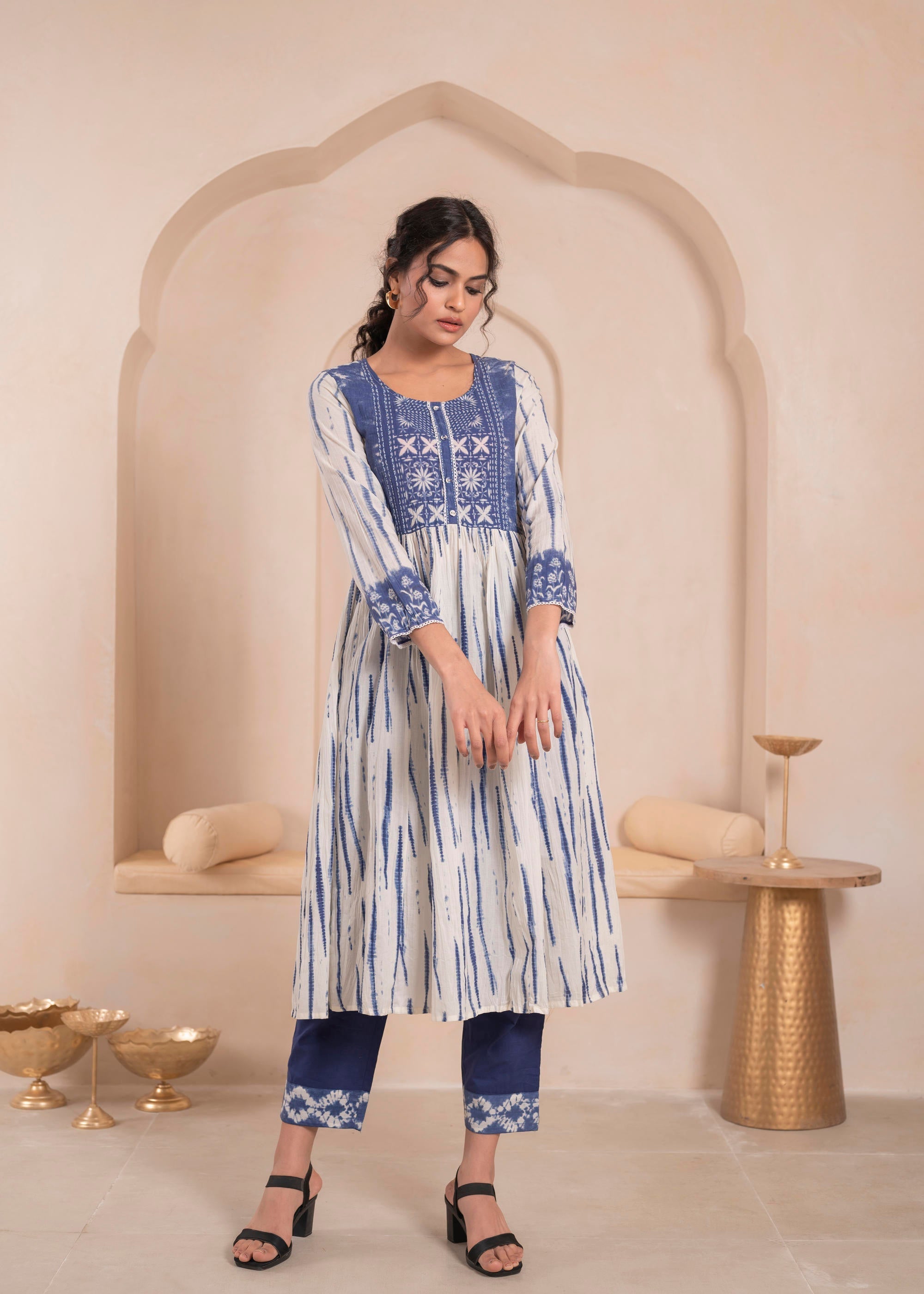 Juniper Navy blue and white kurta , solid bottom and tie -dye dupatta with cotton lace , buttons , sequince - Distacart