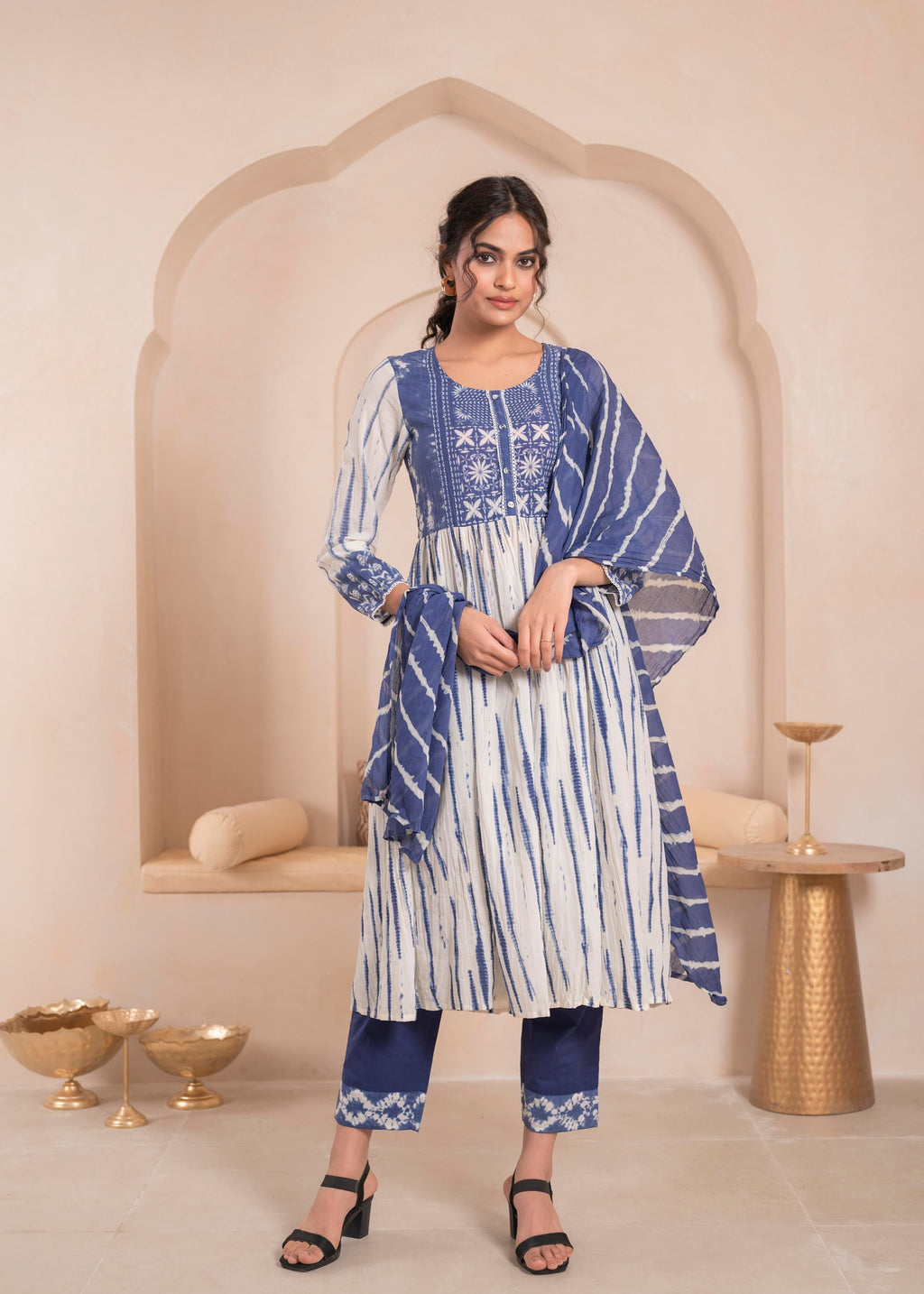 Juniper Navy blue and white kurta , solid bottom and tie -dye dupatta with cotton lace , buttons , sequince - Distacart