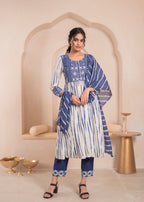 Juniper Navy blue and white kurta , solid bottom and tie -dye dupatta with cotton lace , buttons , sequince - Distacart