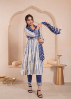 Juniper Navy blue and white kurta , solid bottom and tie -dye dupatta with cotton lace , buttons , sequince - Distacart