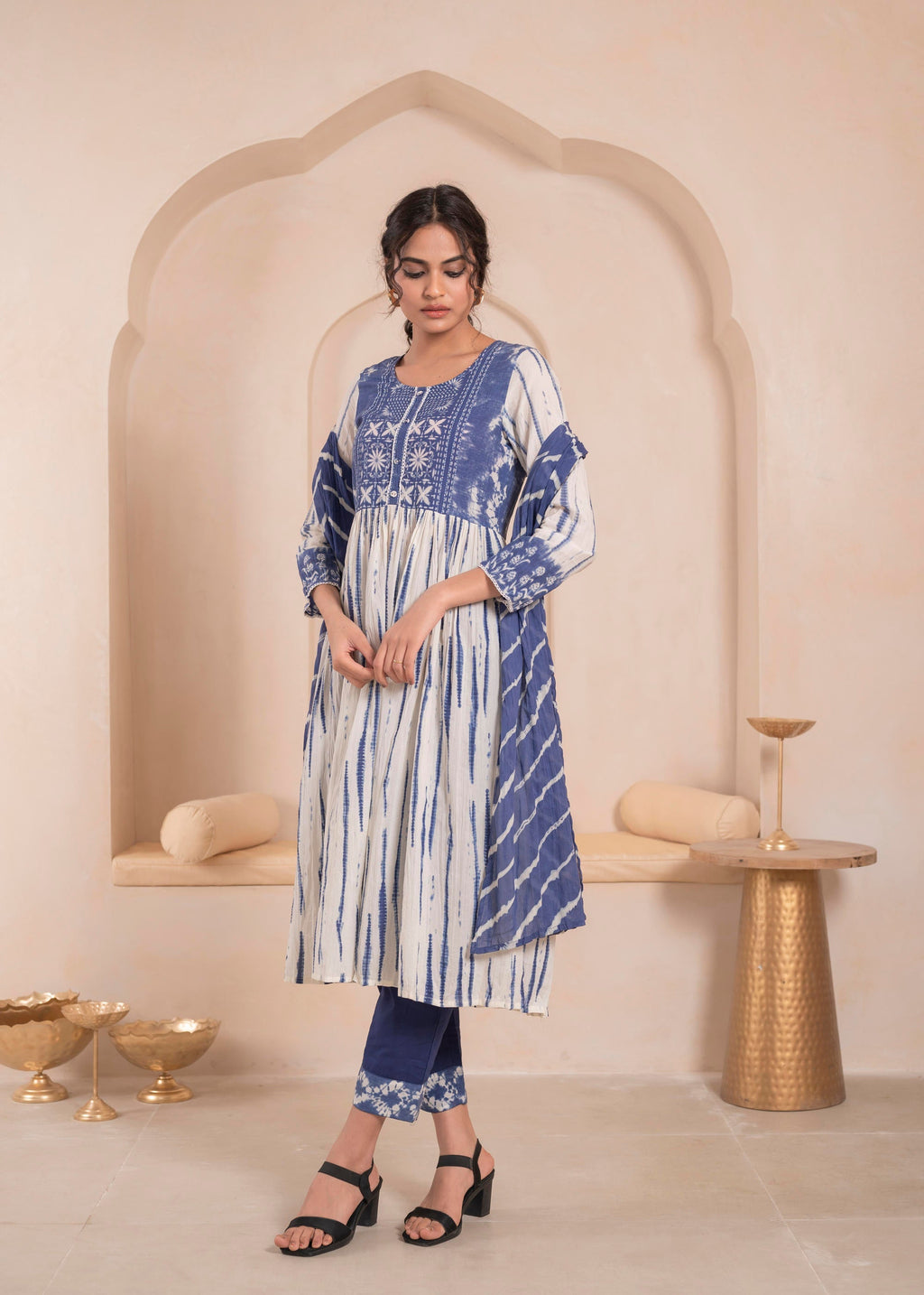 Juniper Navy blue and white kurta , solid bottom and tie -dye dupatta with cotton lace , buttons , sequince - Distacart