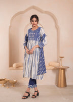 Juniper Navy blue and white kurta , solid bottom and tie -dye dupatta with cotton lace , buttons , sequince - Distacart