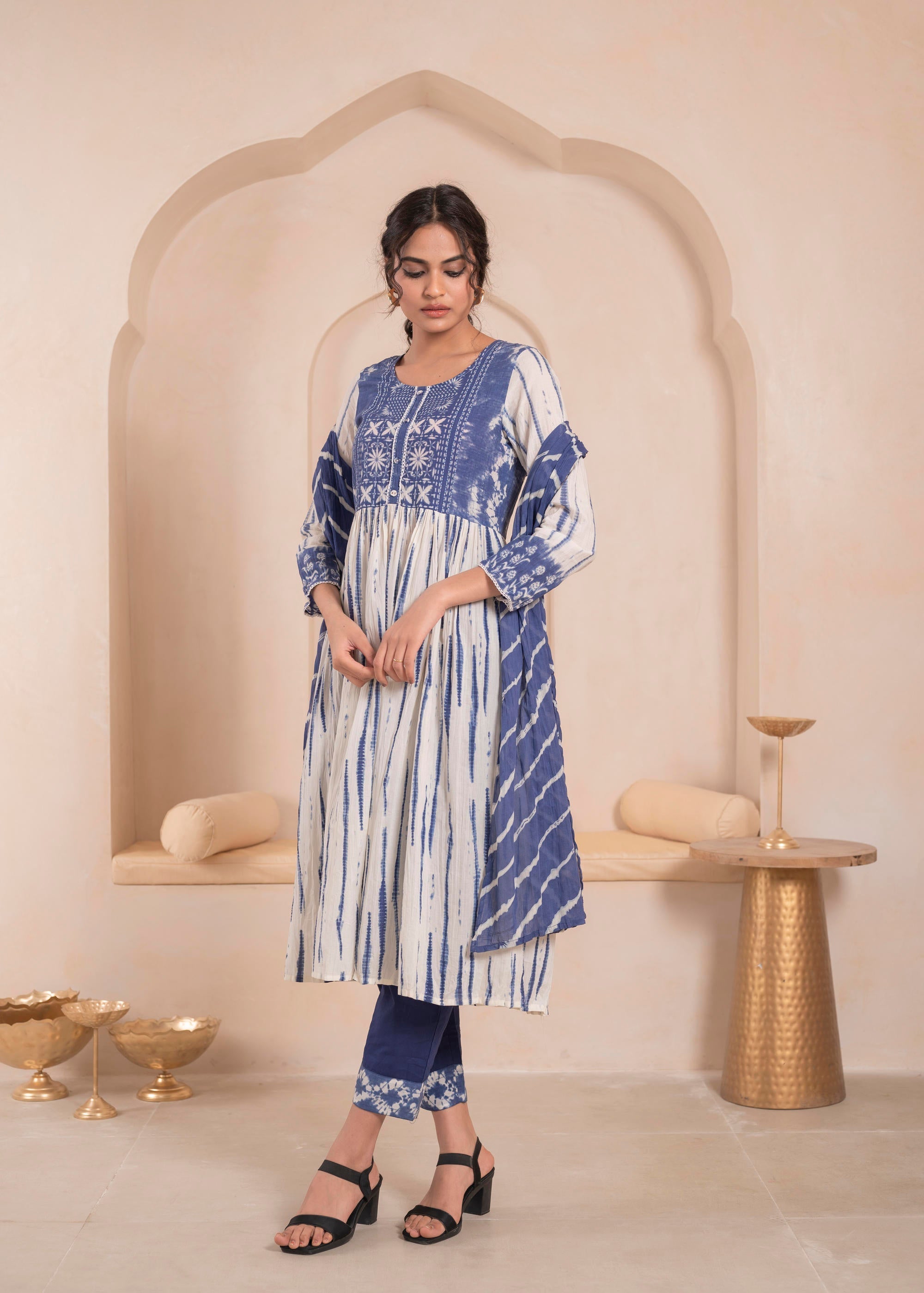 Juniper Navy blue and white kurta , solid bottom and tie -dye dupatta with cotton lace , buttons , sequince - Distacart