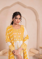 Juniper Mustered and white kurta , solid bottom and tie - dye dupatta with cotton lace , buttons , sequence - Distacart
