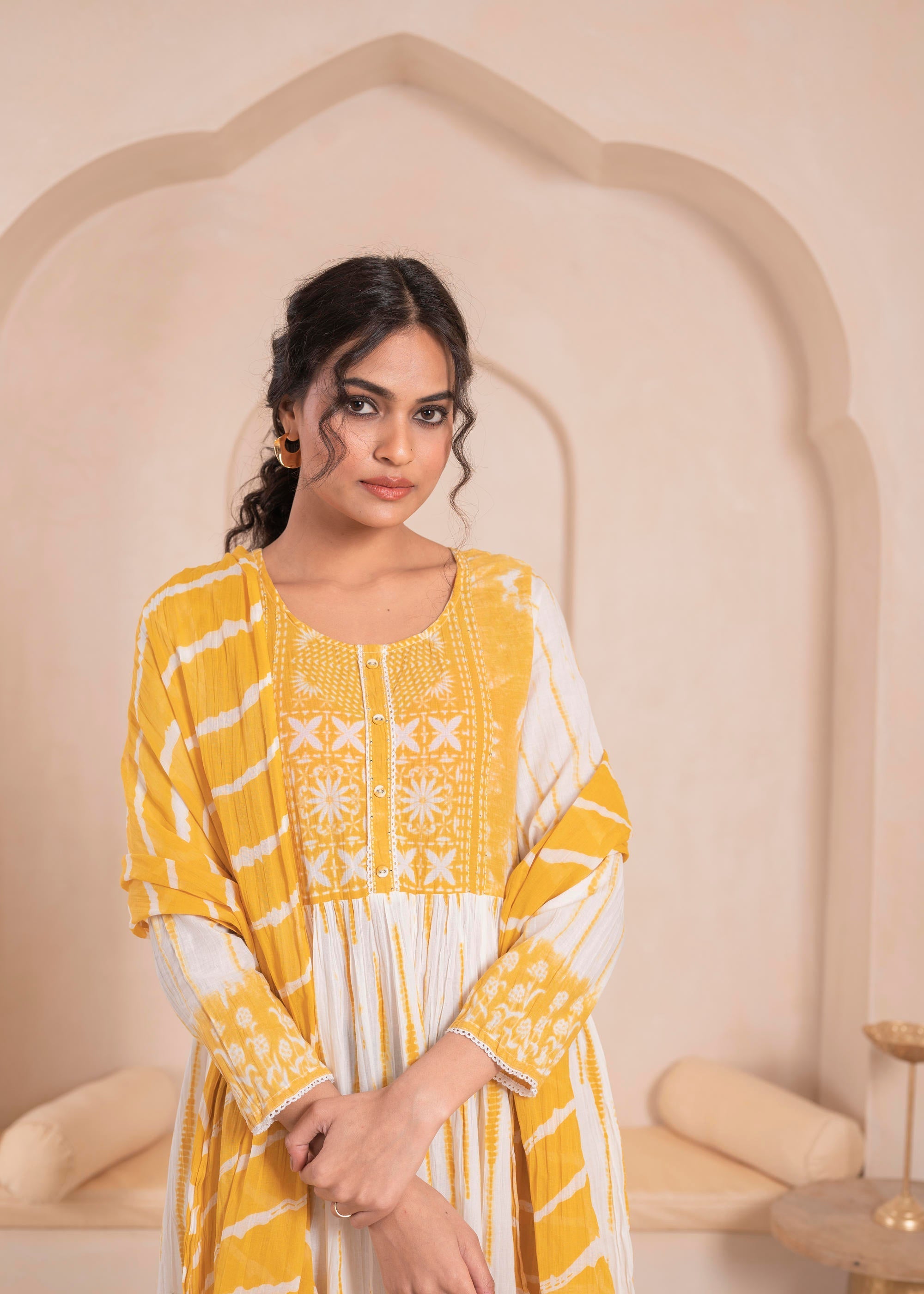 Juniper Mustard And White Kurta , Solid Bottom And Tie - Dye Dupatta With Cotton Lace , Buttons , Sequin - Distacart