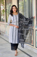 Juniper Black & White Geometric Printed Cotton Kurta with Palazzo & Printed Dupatta