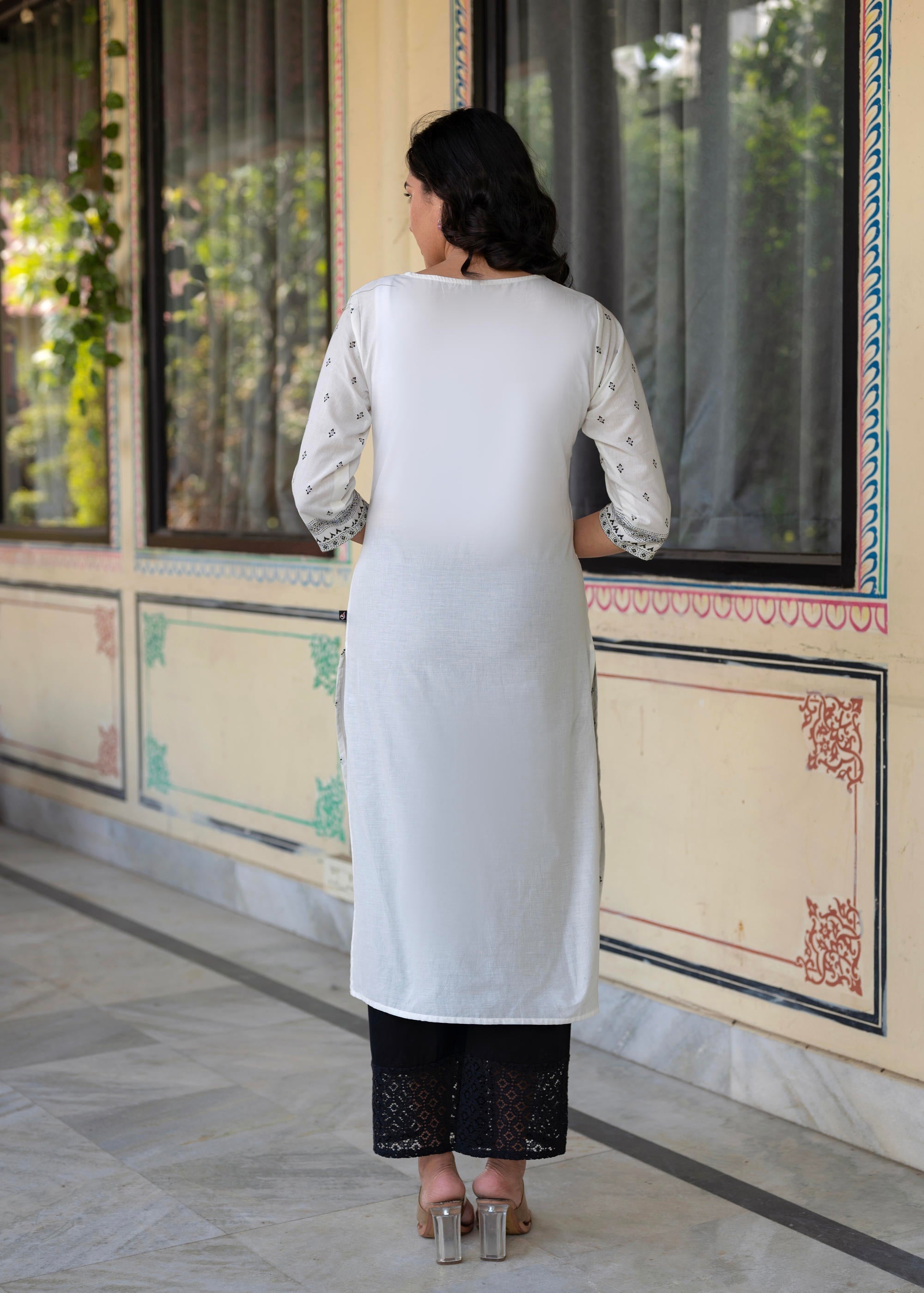 Juniper Black & White Geometric Printed Cotton Kurta with Palazzo & Printed Dupatta