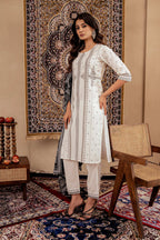 Juniper Black & White Geometric Printed Cotton Kurta With Palazzo & Printed Dupatta - Distacart