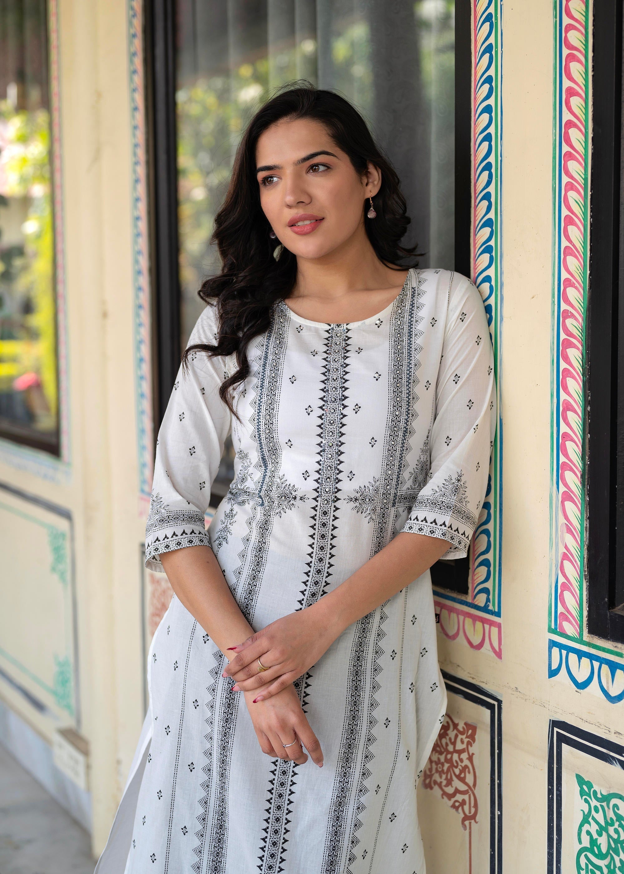 Juniper Black & White Geometric Printed Cotton Kurta with Palazzo & Printed Dupatta