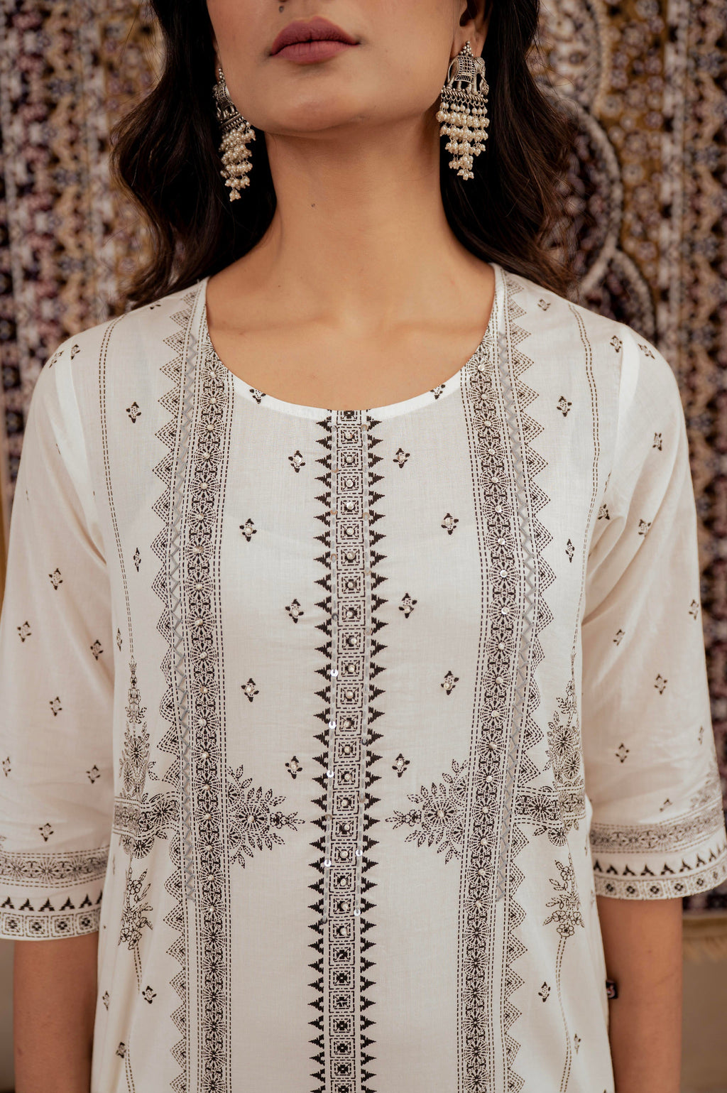 Juniper Black & White Geometric Printed Cotton Kurta With Palazzo & Printed Dupatta - Distacart