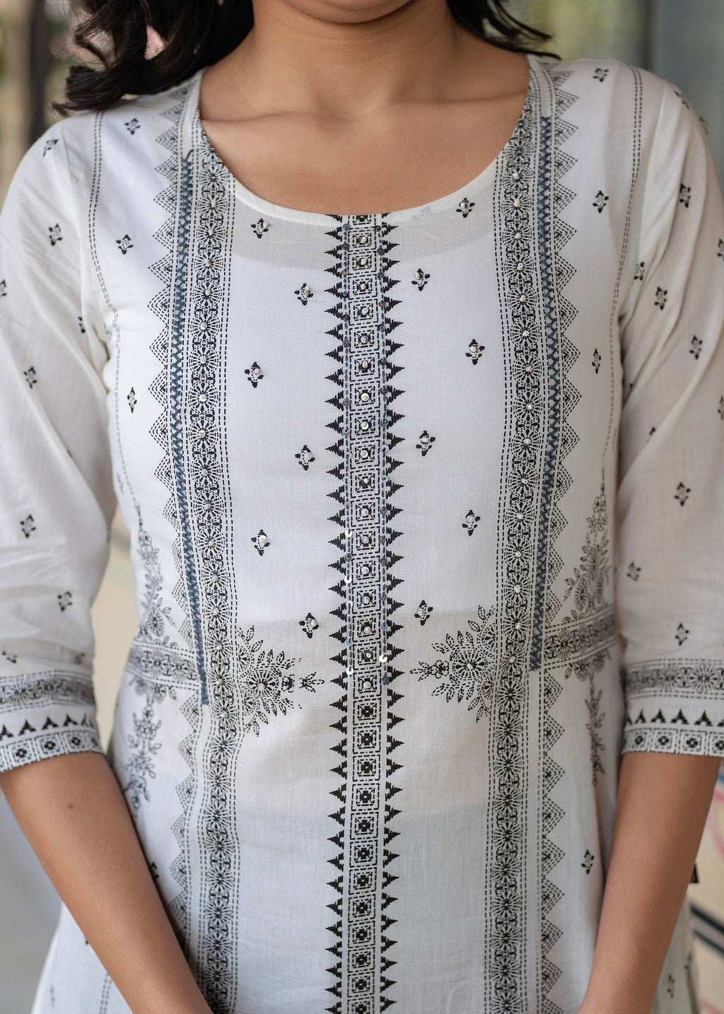 Juniper Black & White Geometric Printed Cotton Kurta with Palazzo & Printed Dupatta