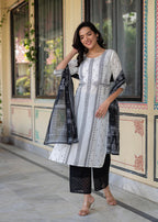 Juniper Black & White Geometric Printed Cotton Kurta with Palazzo & Printed Dupatta