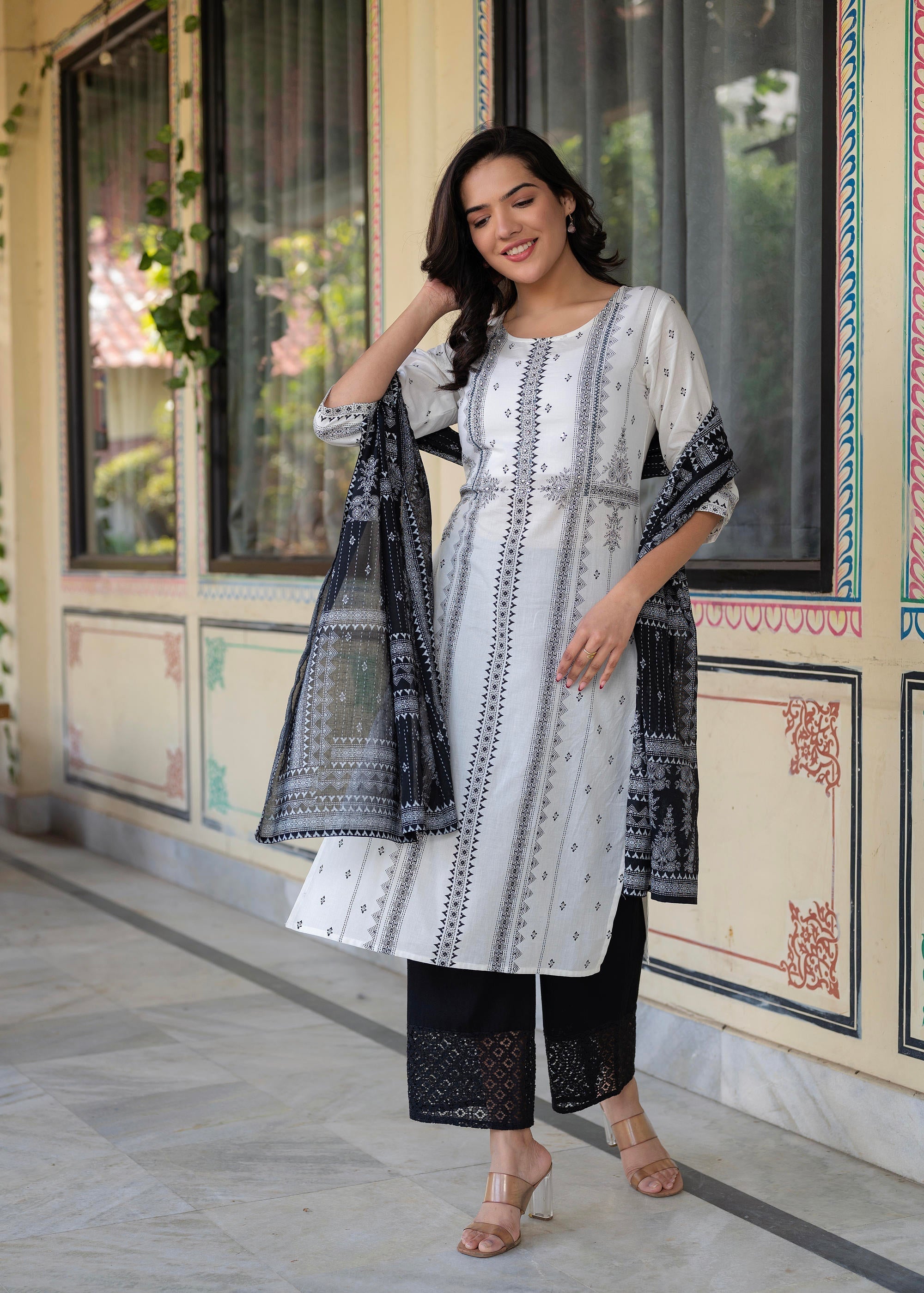 Juniper Black & White Geometric Printed Cotton Kurta with Palazzo & Printed Dupatta