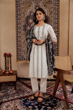 Juniper Black & White Geometric Printed Cotton Kurta With Palazzo & Printed Dupatta - Distacart