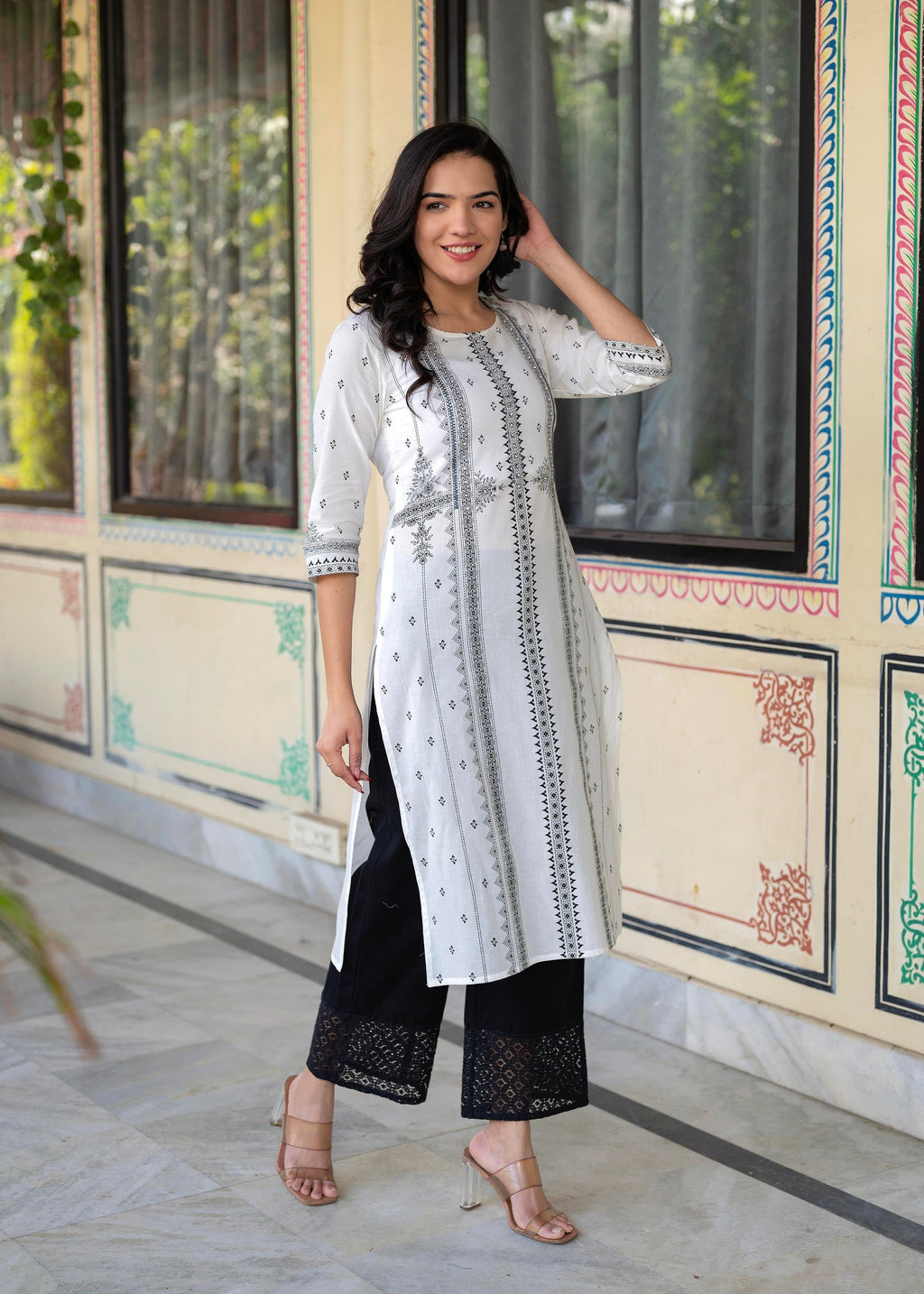 Juniper Black & White Geometric Printed Cotton Kurta with Palazzo & Printed Dupatta