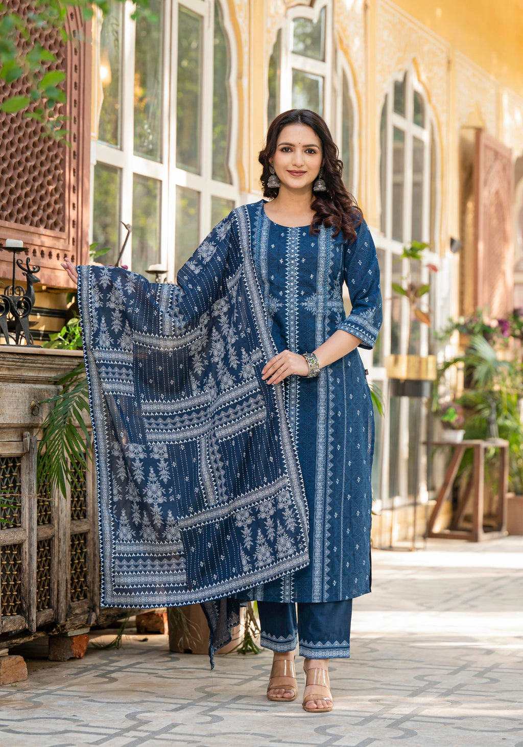 Juniper Indigo Blue Printed Kurta Set With Dupatta - Distacart