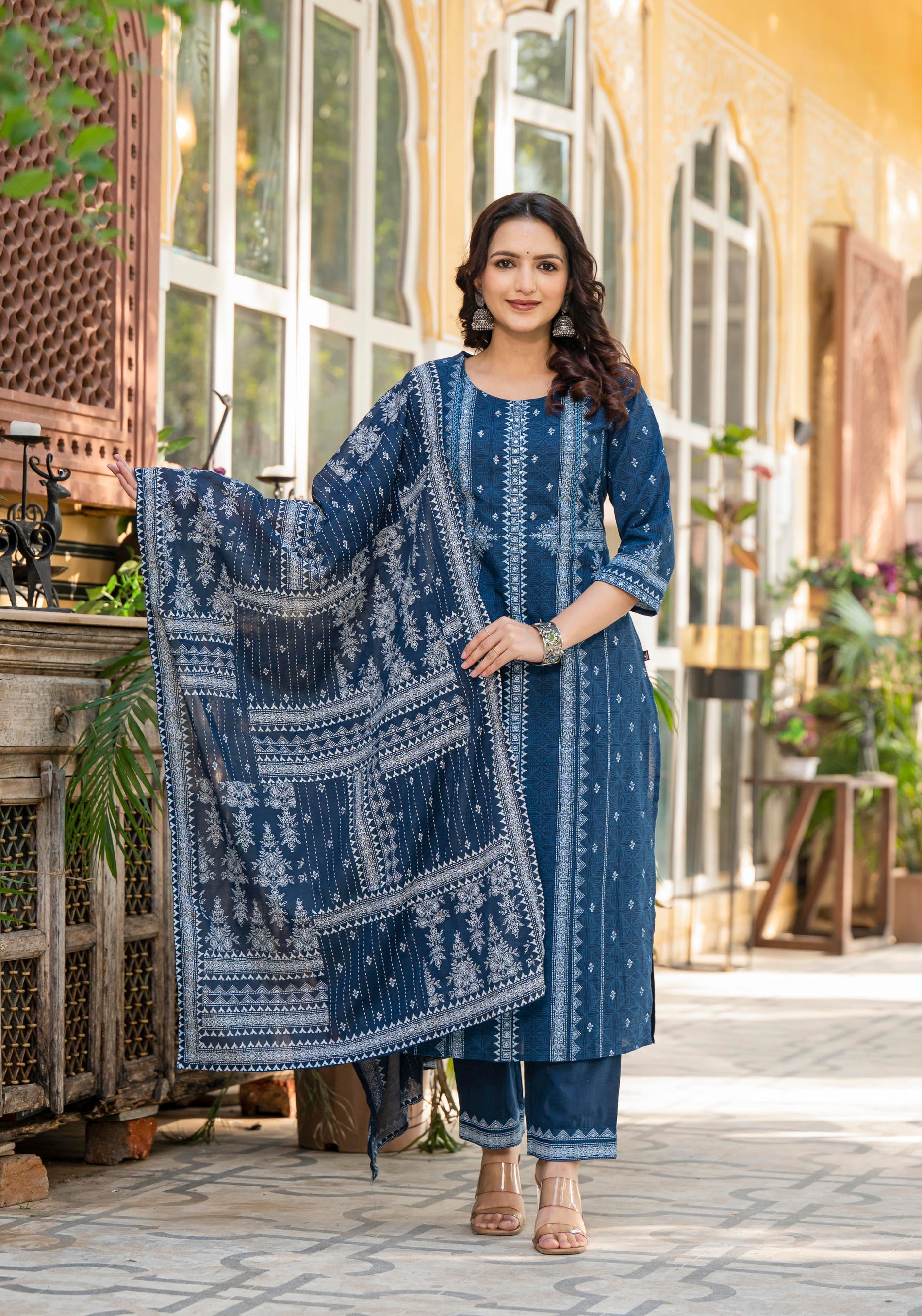 Juniper Indigo Blue Printed Kurta Set With Dupatta - Distacart