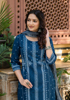 Juniper Indigo Blue Printed Kurta Set With Dupatta - Distacart