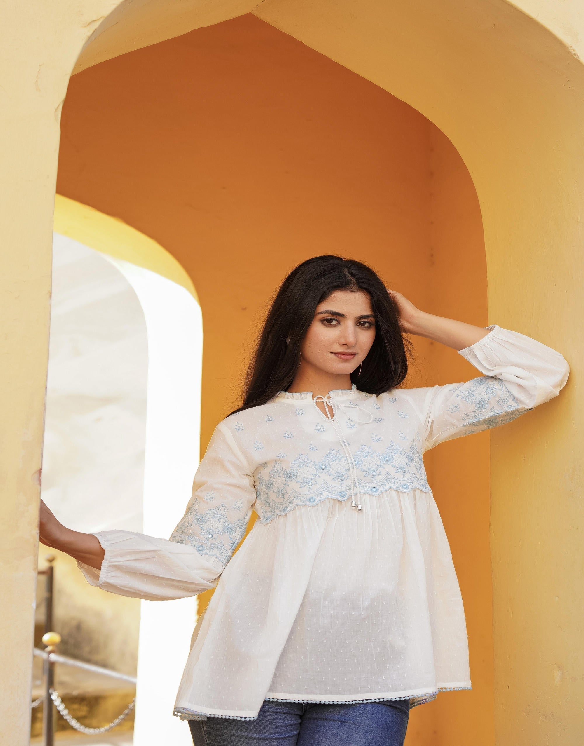 Juniper White Solid Cotton Tunic With Thread & Mirror Work