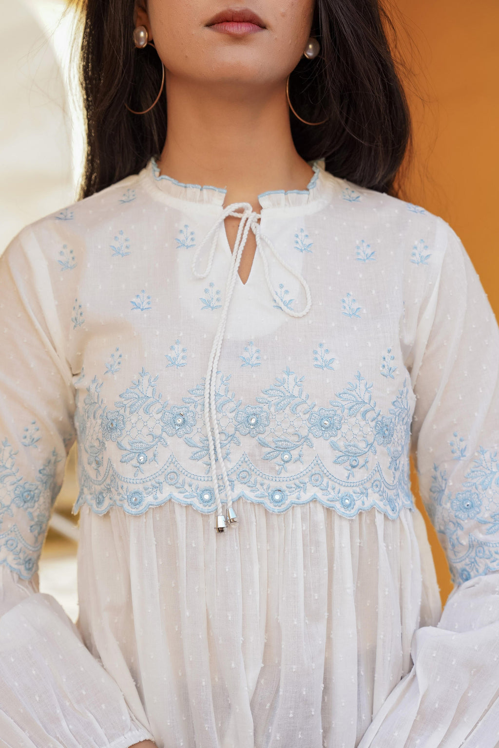 Juniper White Solid Cotton Tunic With Thread & Mirror Work
