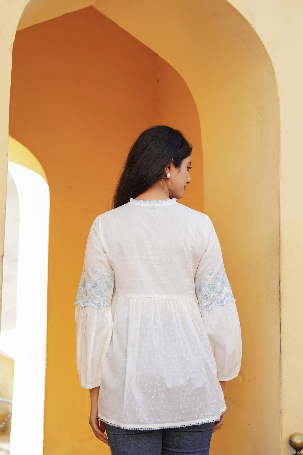 Juniper White Solid Cotton Tunic With Thread & Mirror Work