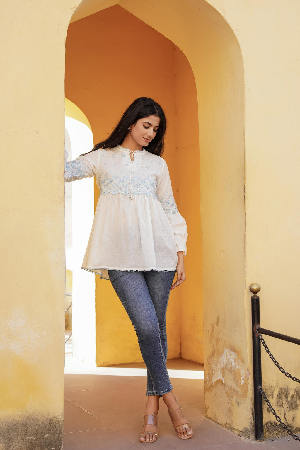 Juniper White Solid Cotton Tunic With Thread & Mirror Work