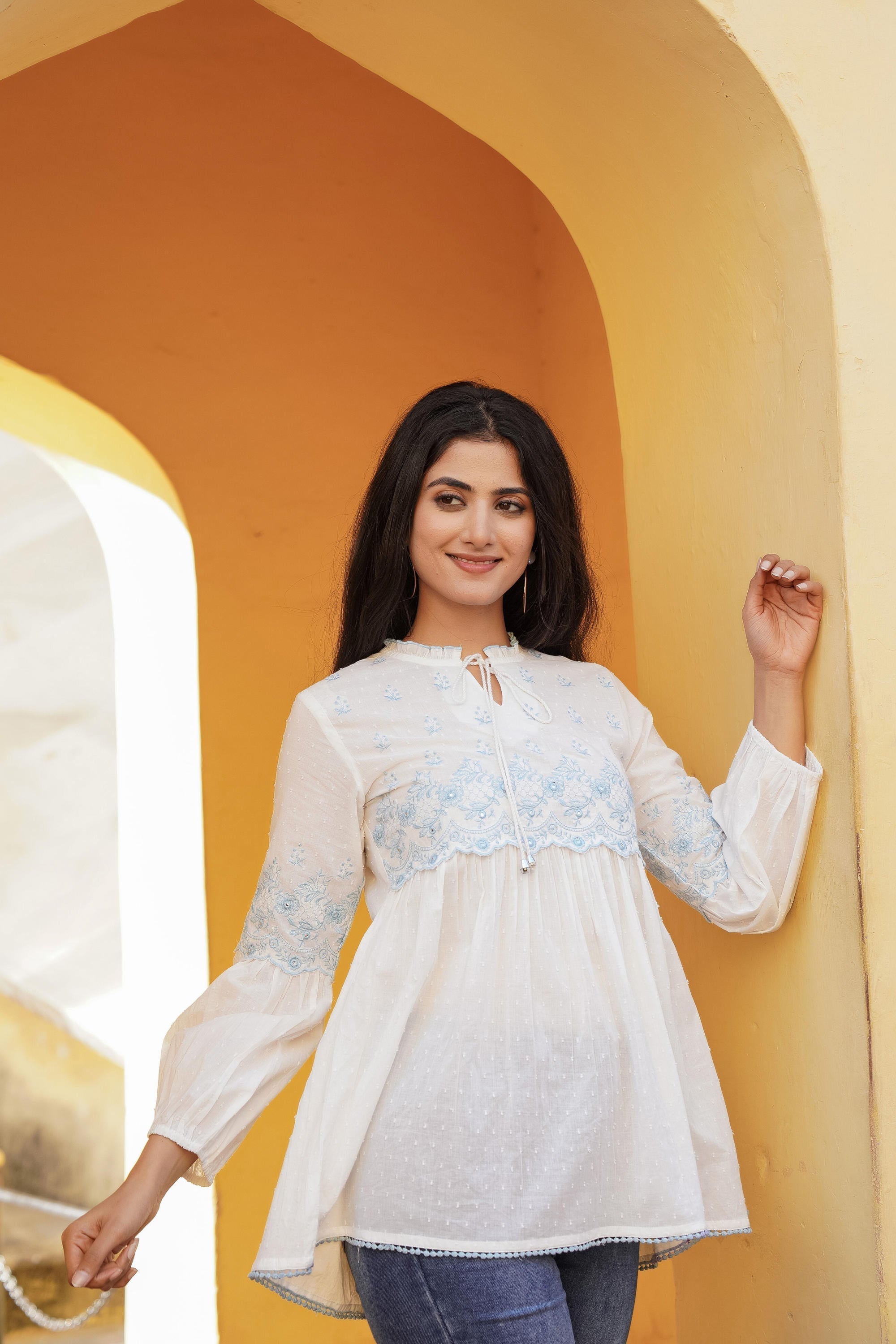Juniper White Solid Cotton Tunic With Thread & Mirror Work