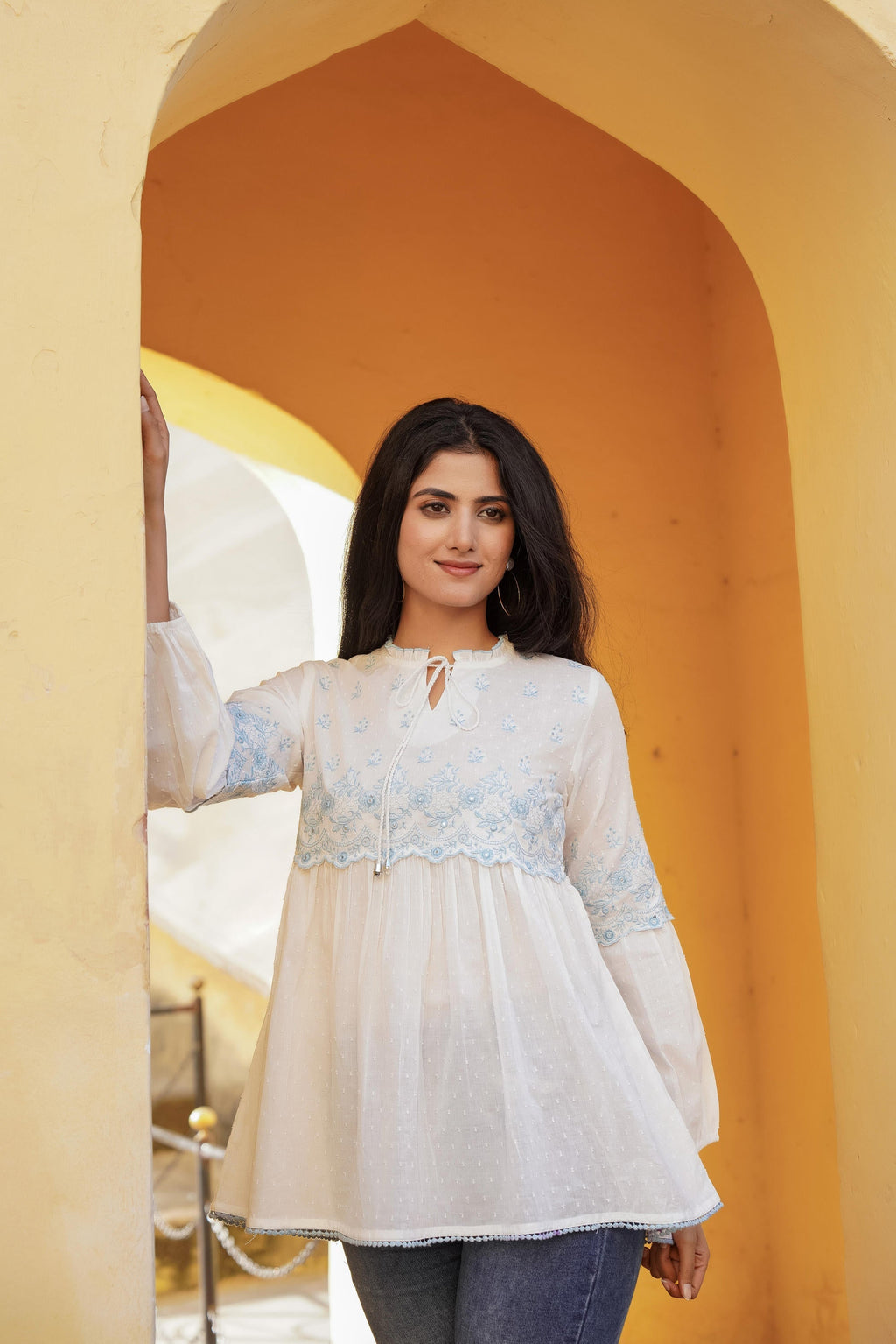 Juniper White Solid Cotton Tunic With Thread & Mirror Work