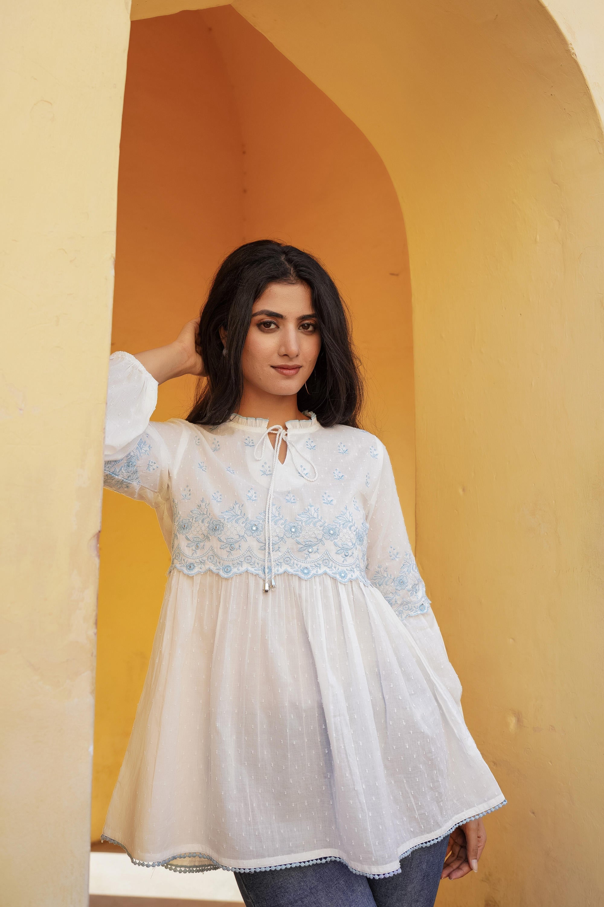 Juniper White Solid Cotton Tunic With Thread & Mirror Work