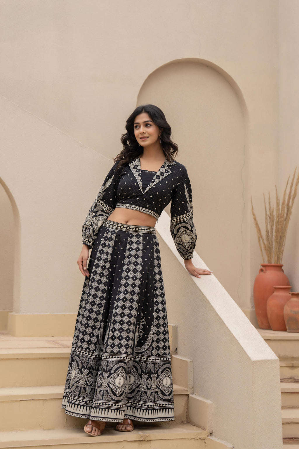 Juniper Black & White Printed Lehenga Choli Set with Ethnic Motifs