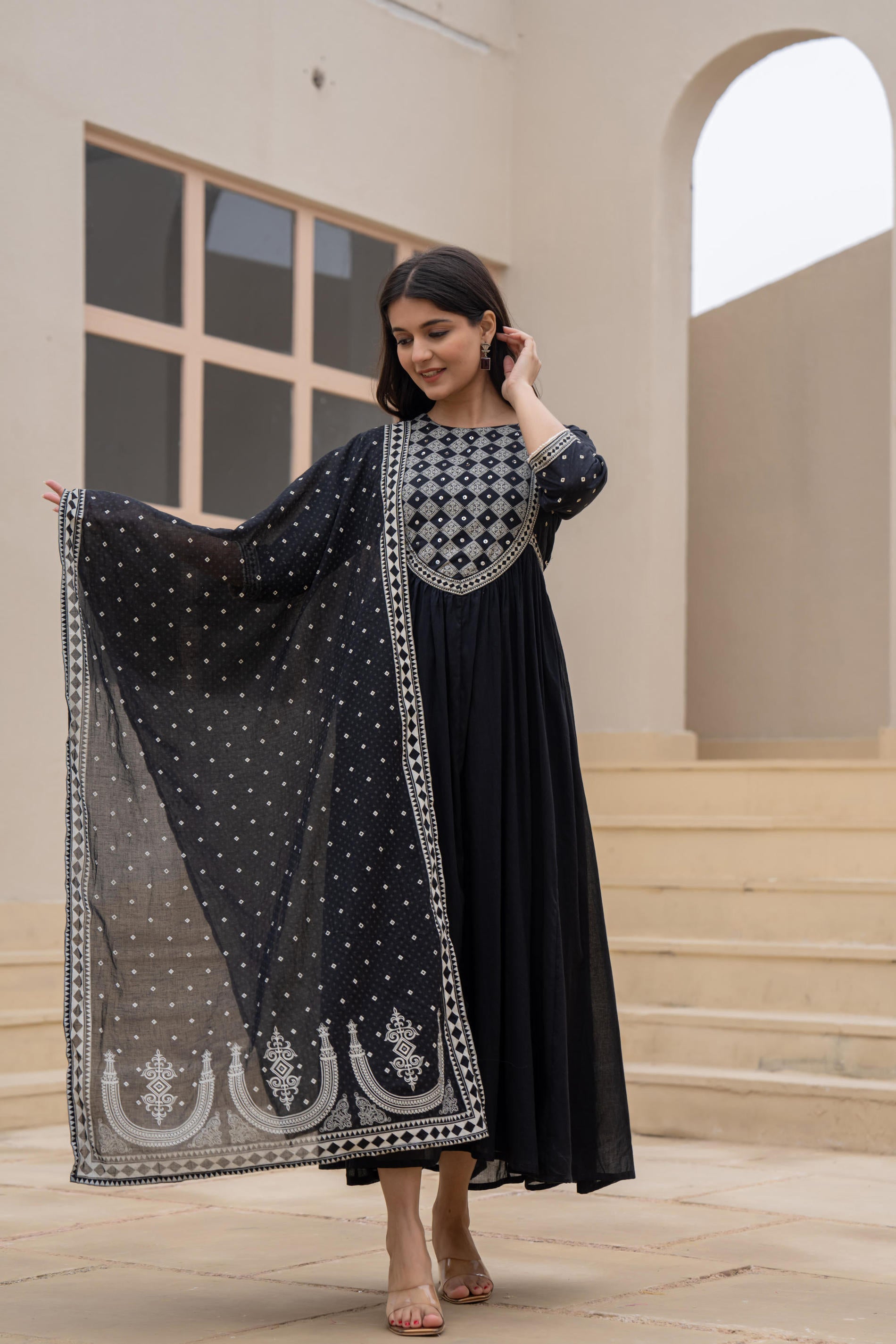 Juniper Black Anarkali Dress With Embroidered Dupatta - Distacart