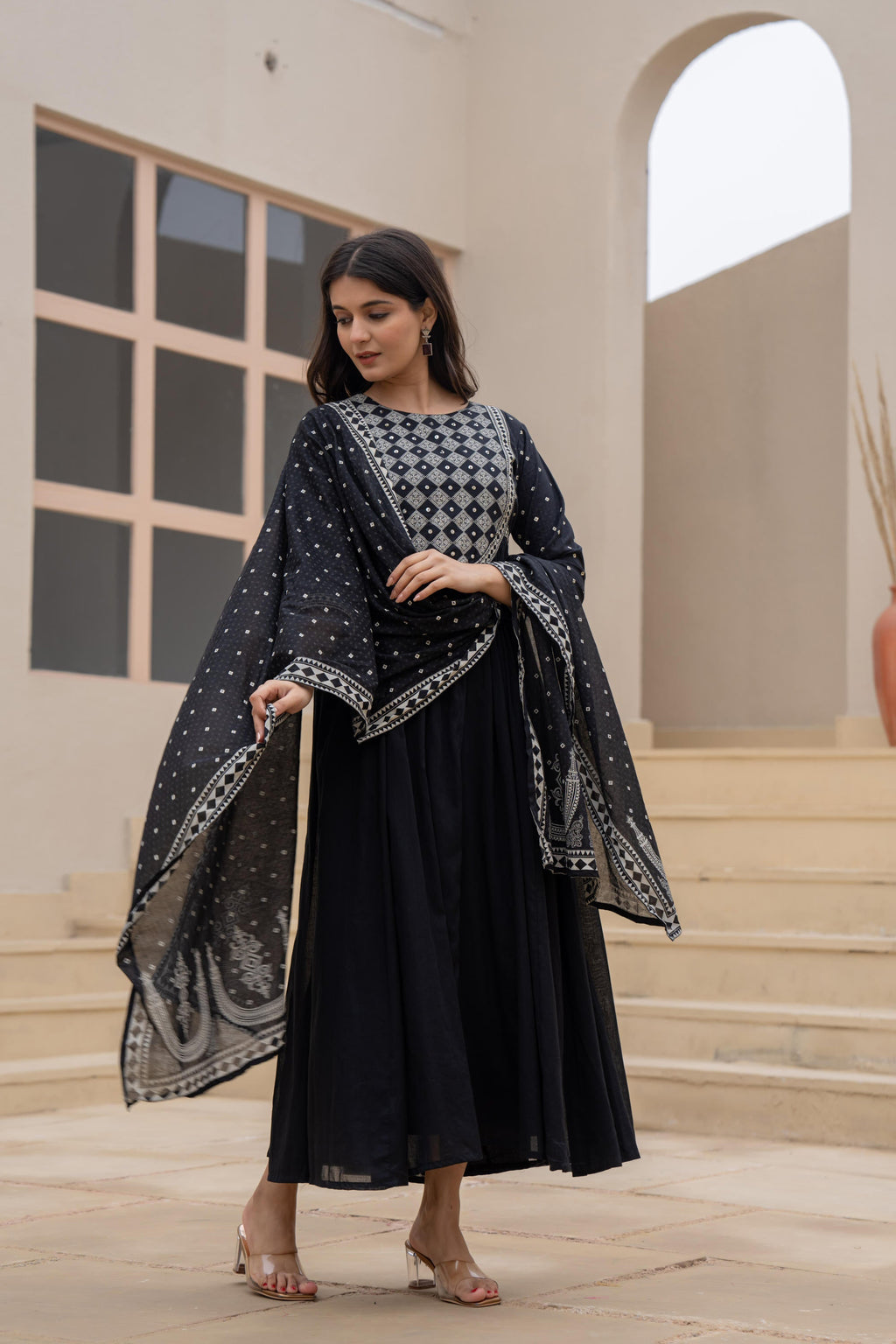 Juniper Black Anarkali Dress with Embroidered Dupatta