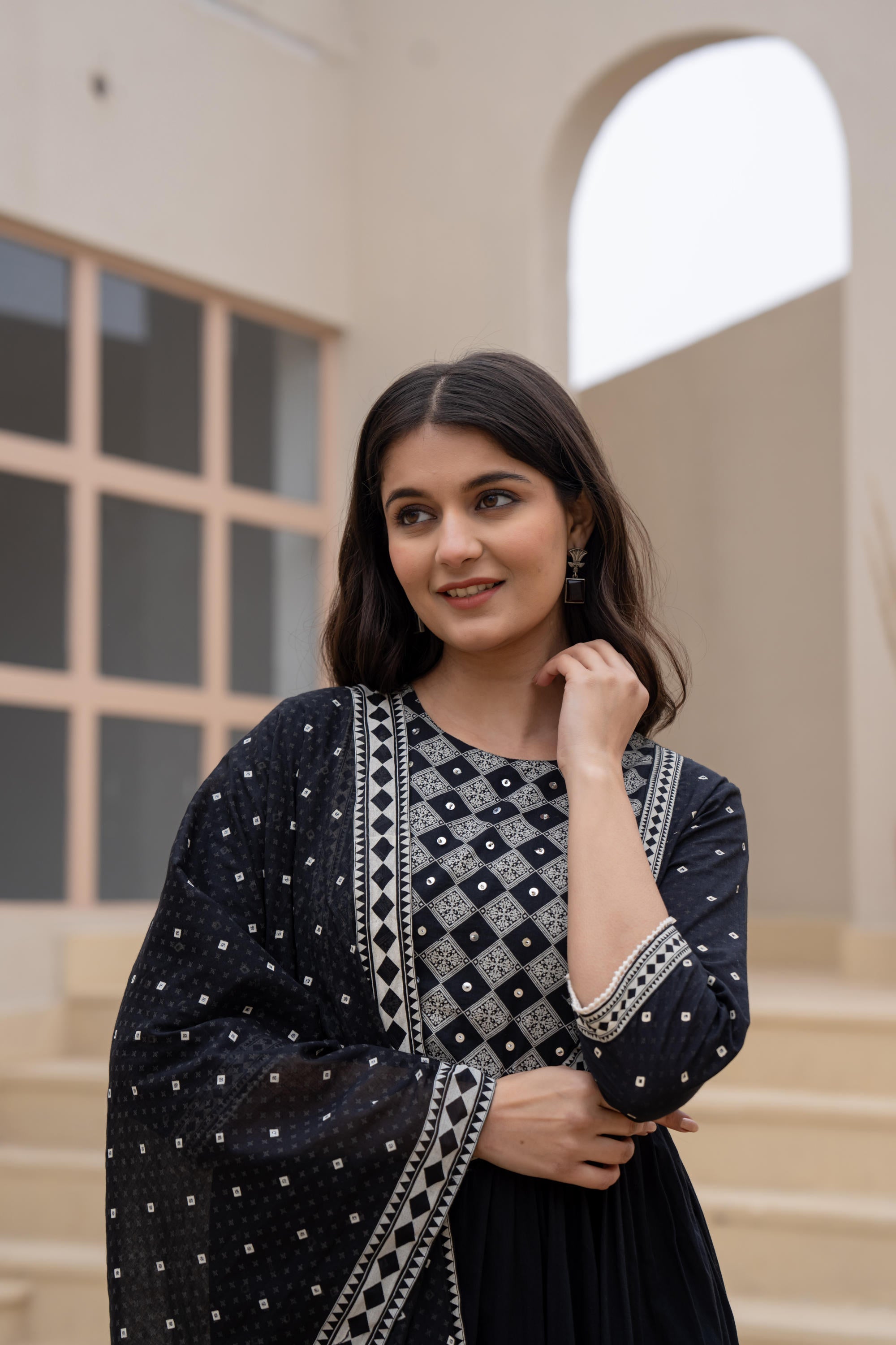 Juniper Black Anarkali Dress with Embroidered Dupatta