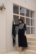 Juniper Black Anarkali Dress with Embroidered Dupatta