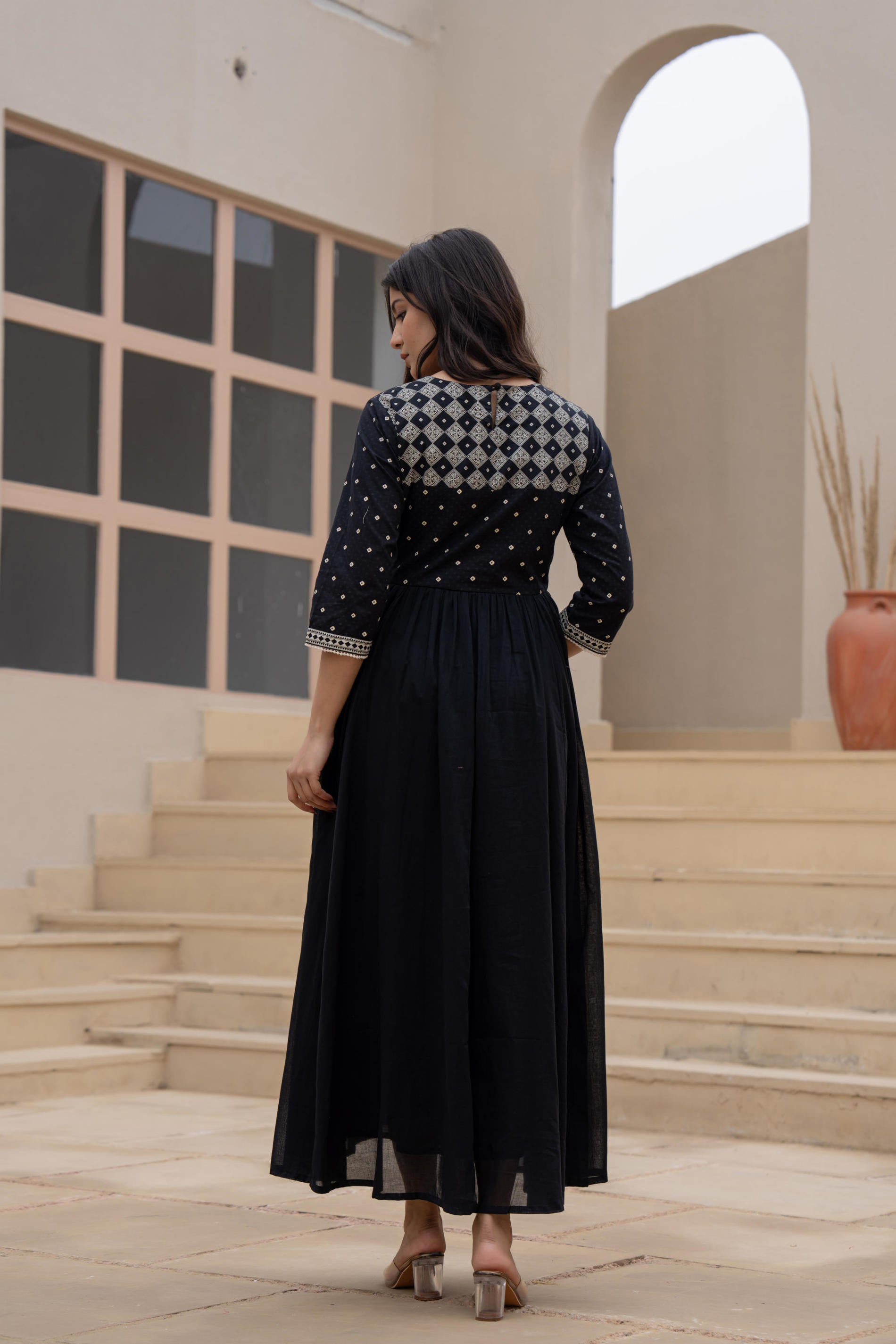 Juniper Black Anarkali Dress with Embroidered Dupatta