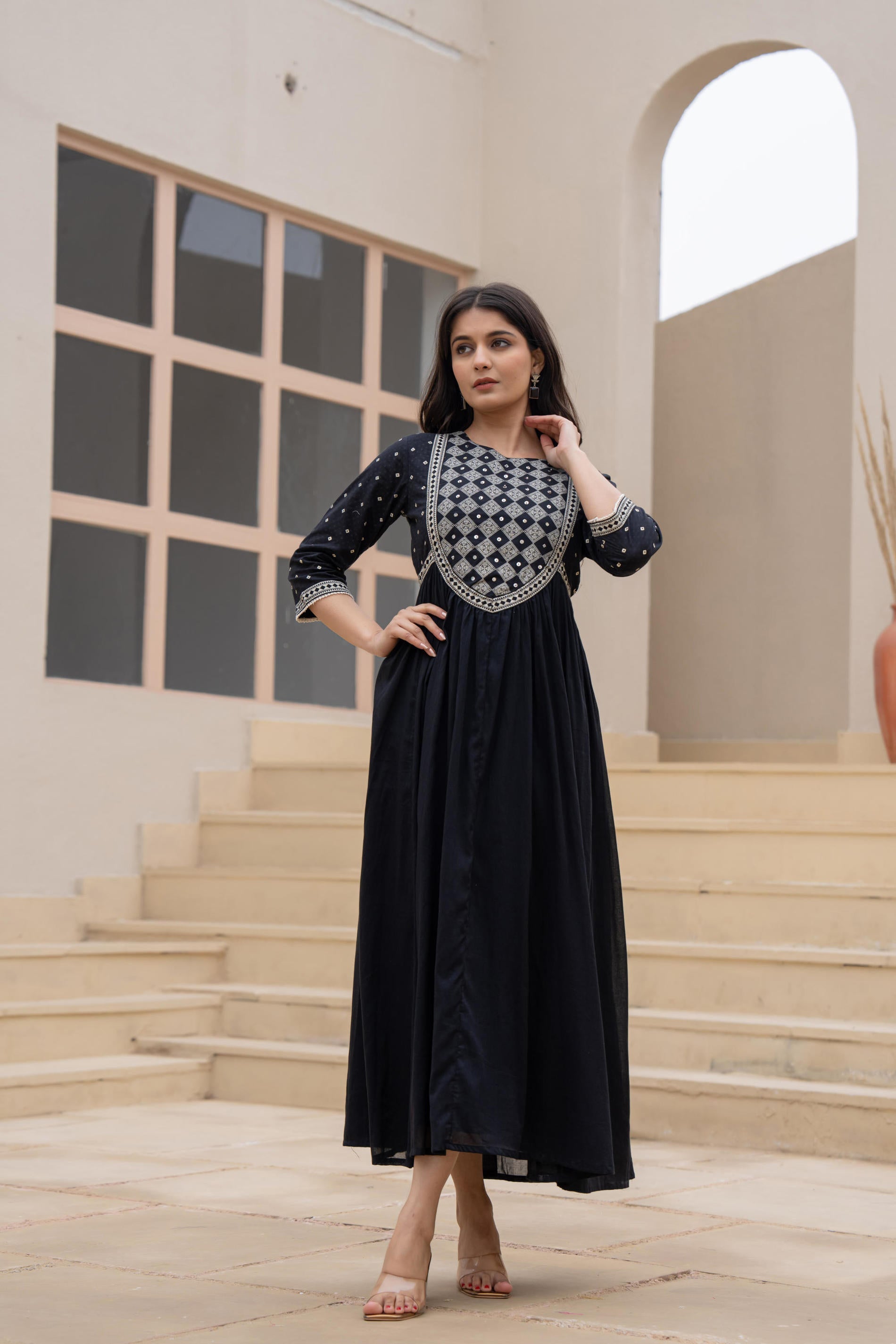 Juniper Black Anarkali Dress with Embroidered Dupatta