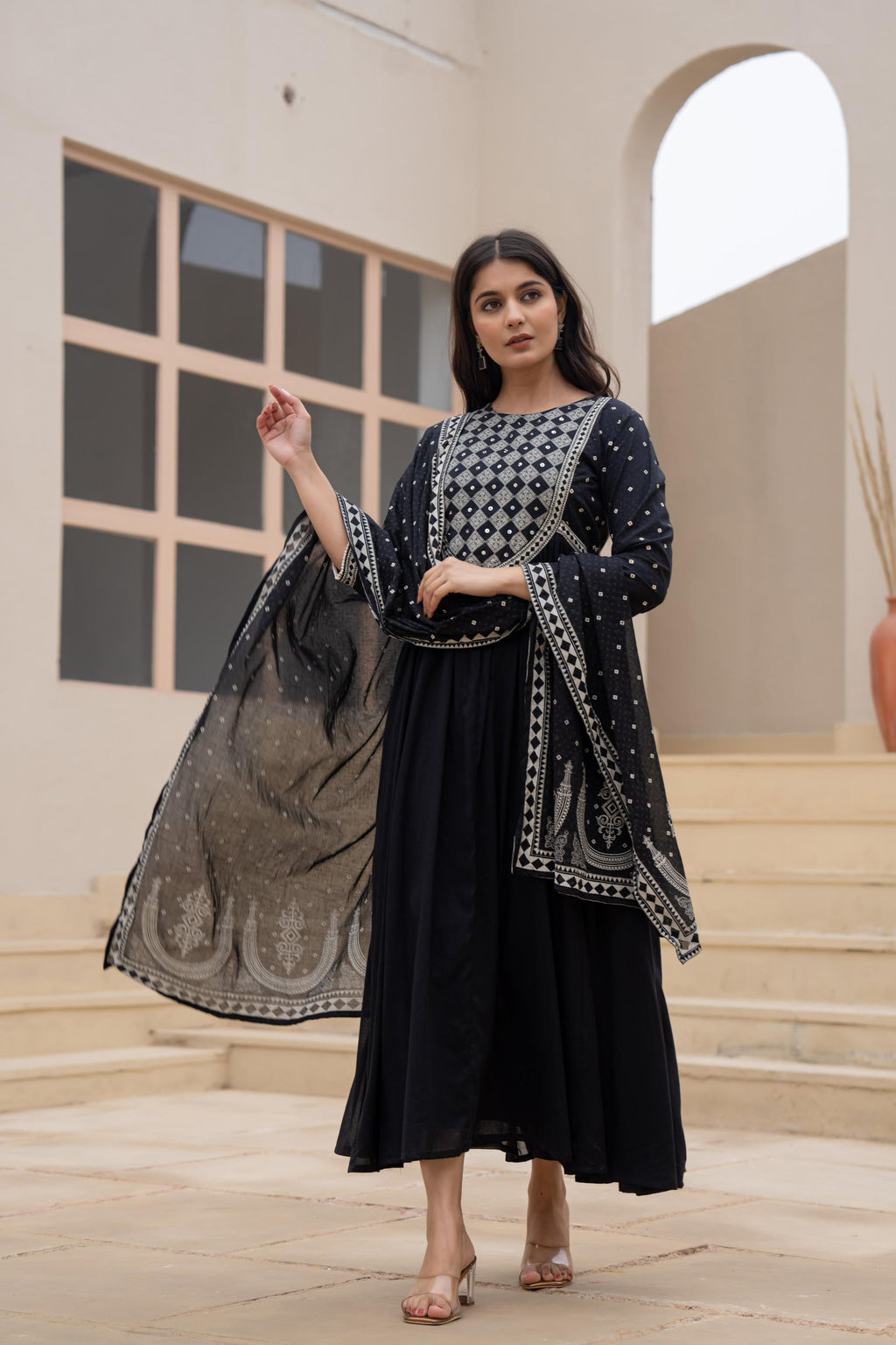 Juniper Black Anarkali Dress with Embroidered Dupatta