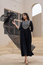 Juniper Black Anarkali Dress with Embroidered Dupatta